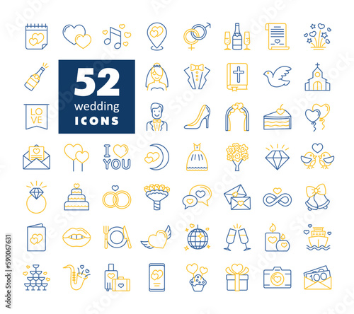 Wedding, marriage, bridal isolated vector icon set
