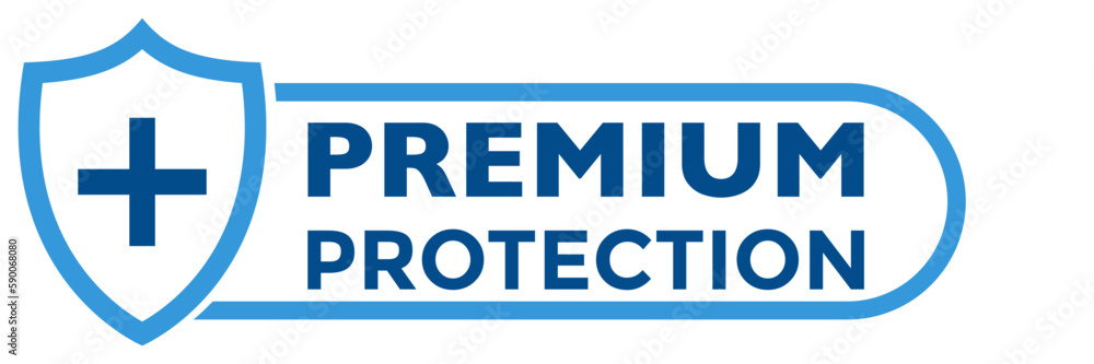 Shield icon with plus sign and premium protection text. Flat style blue color vector symbol for medical, bacterial or virus defense, product, service, label, logo. Design isolated on white. Shield icon with plus sign and premium protection text. Flat style blue color vector symbol for medical, bacterial or virus defense, product, service, label, logo. Design isolated on white.