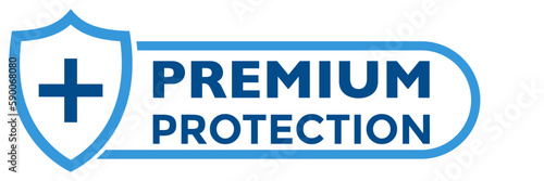 Shield icon with plus sign and premium protection text. Flat style blue color vector symbol for medical, bacterial or virus defense, product, service, label, logo. Design isolated on white.