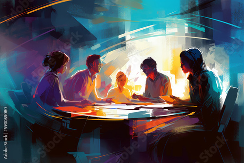 a diverse multicultural group of business people in a conference, meeting or brainstorming session, Painterly futuristic illustration, generative AI