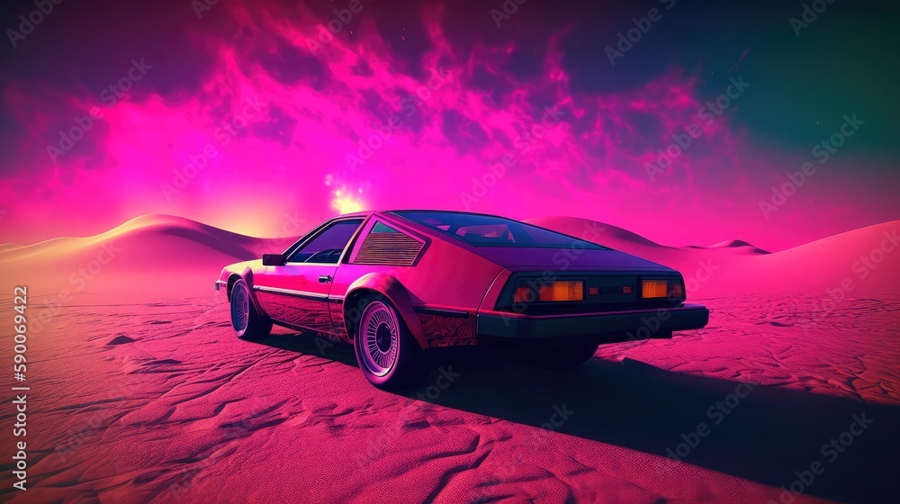 Illustration of a retro sports car of the 1980s at the Egyptian pyramids. Retro-futuristic landscape. Generative AI