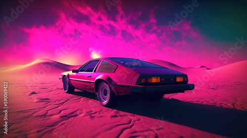 Illustration of a retro sports car of the 1980s at the Egyptian pyramids. Retro-futuristic landscape. Generative AI
