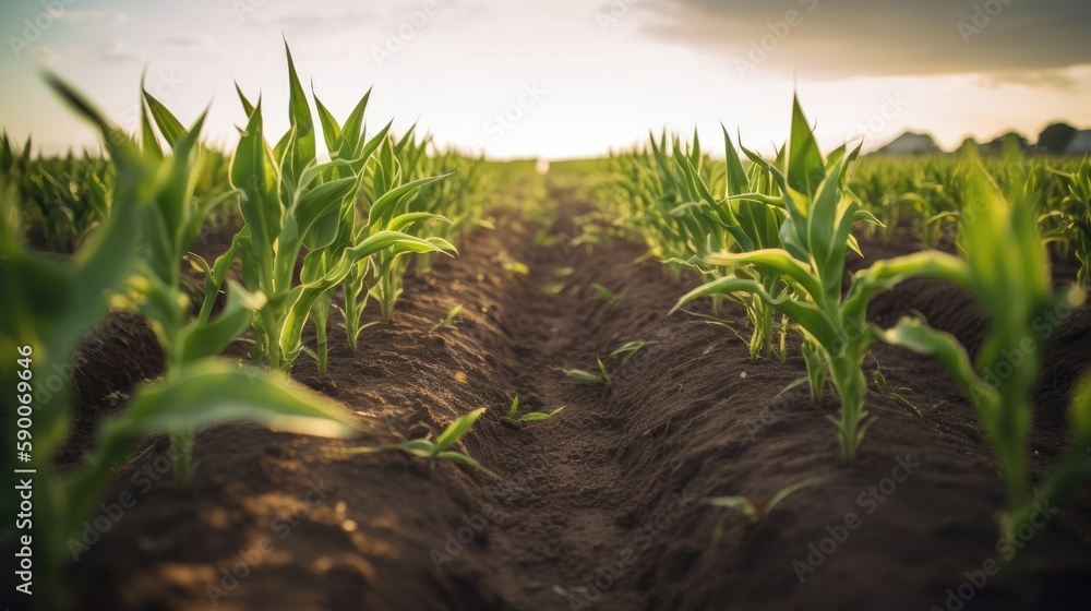 Springtime corn field with fresh, green sprouts. Generative AI Springtime corn field with fresh, green sprouts. Generative AI