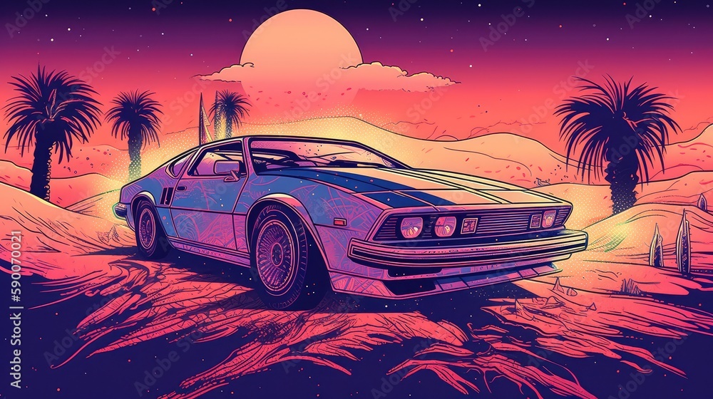 Illustration of a retro sports car of the 1980s at the Egyptian pyramids. Retro-futuristic landscape. Generative AI