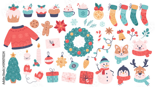Christmas elements collection. Merry Christmas, Happy New Year objects. Winter time. Vector illustration