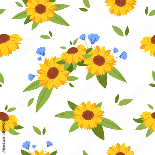 Cute sunflowers seamless pattern. Sunflowers bouquet, wreath, floral. Vector illustration
