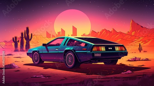 Illustration of a retro sports car of the 1980s at the Egyptian pyramids. Retro-futuristic landscape. Generative AI