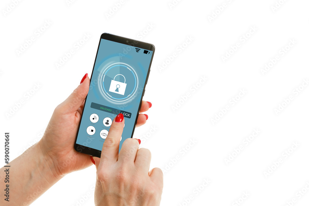 isolated woman hand holding the phone with system smart house isolated woman hand holding the phone with system smart house