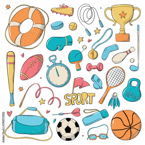set of sports and fitness hand drawn doodles, cartoon elements isolated on white background. Good for prints, planners, stickers, etc. EPS 10