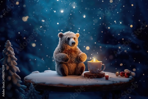 A tiny bear sitting on a wooden chair by the fire with a cup of hot chocolate, starry night, magic snow background. Generative AI