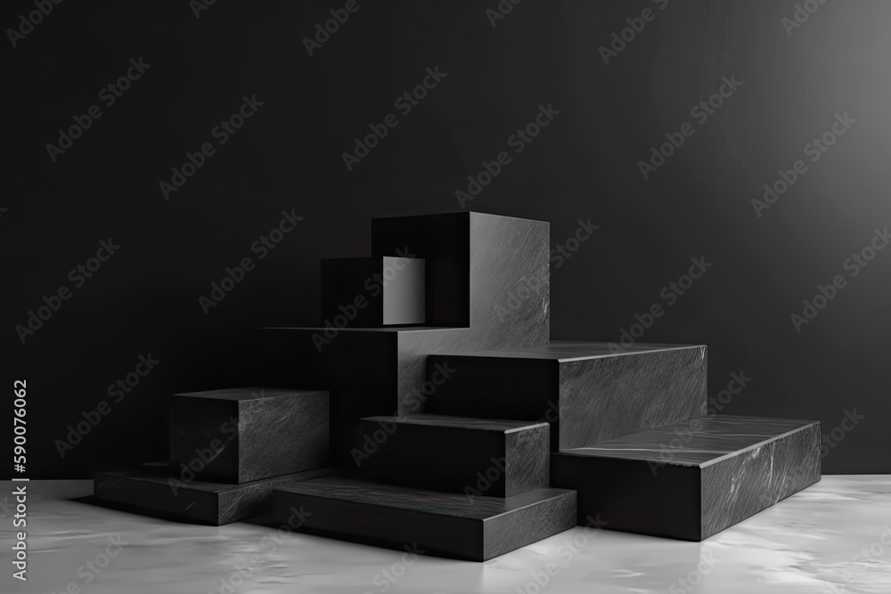 Blank step podium display black granite set collection 3D render minimalist concept Blank step podium display black granite set collection 3D render minimalist concept