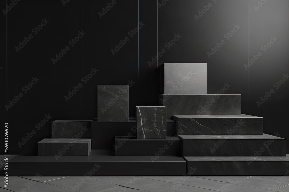 Blank step podium display black granite set collection 3D render minimalist concept Blank step podium display black granite set collection 3D render minimalist concept
