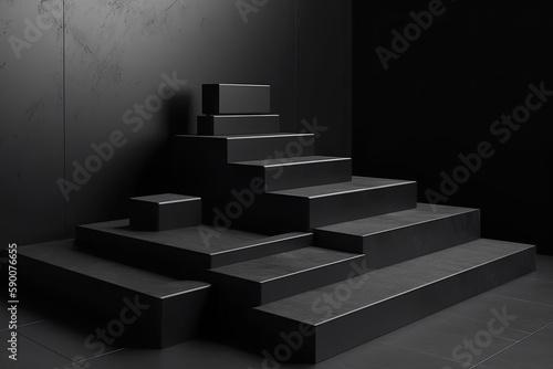 Blank step podium display black granite set collection 3D render minimalist concept