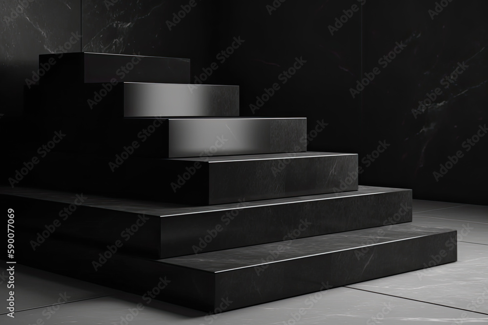 Blank step podium display black granite set collection 3D render minimalist concept Blank step podium display black granite set collection 3D render minimalist concept