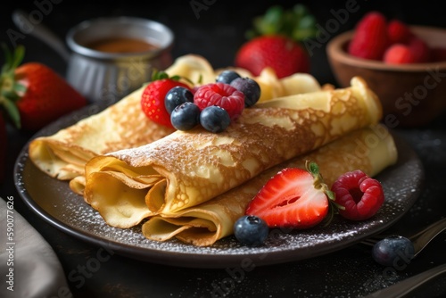pancakes with fresh berries sprinkled with powdered sugar. Generative AI