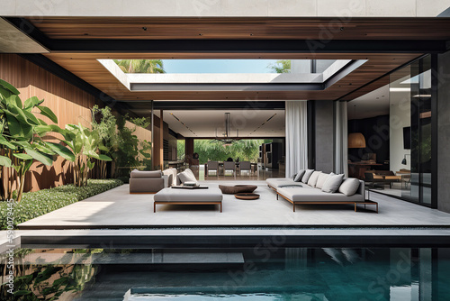 Beautiful modern design architecture images of luxury home with pool. Generative AI.  photo