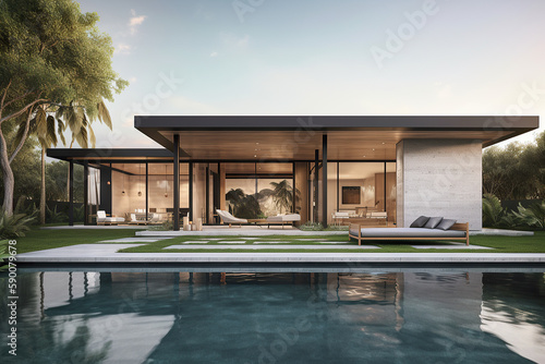 Beautiful modern design architecture image of home with pool. Generative AI.  photo