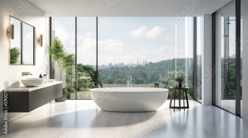 Luxurious Modern Bathroom Interior Jungle View Exquisite Design Generative AI © Aruni