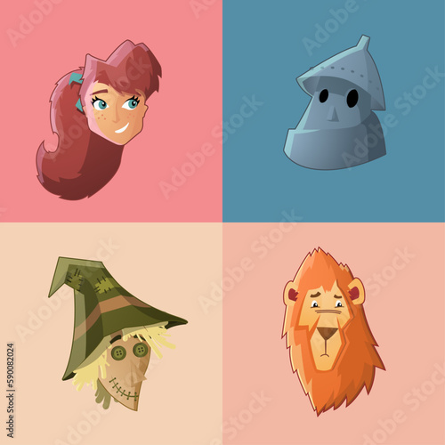 Four isolated faces of fairy tale friends.