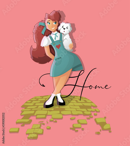 A girl and her dog with the word Home behind them