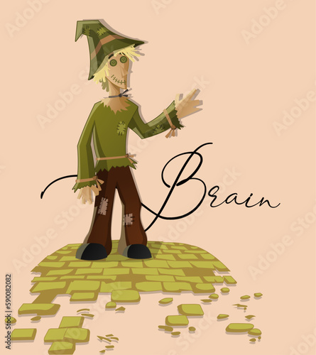 A scarecrow made of straws with the word Brain behind it