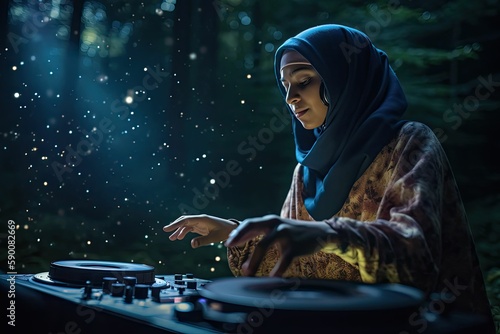 Mixing and Empowering: A Joyful DJ Girl in Hijab at the Nightclub, generative ai photo