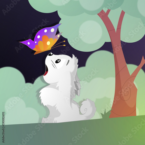 A dog making friends with a colorful butterfly under a starry night