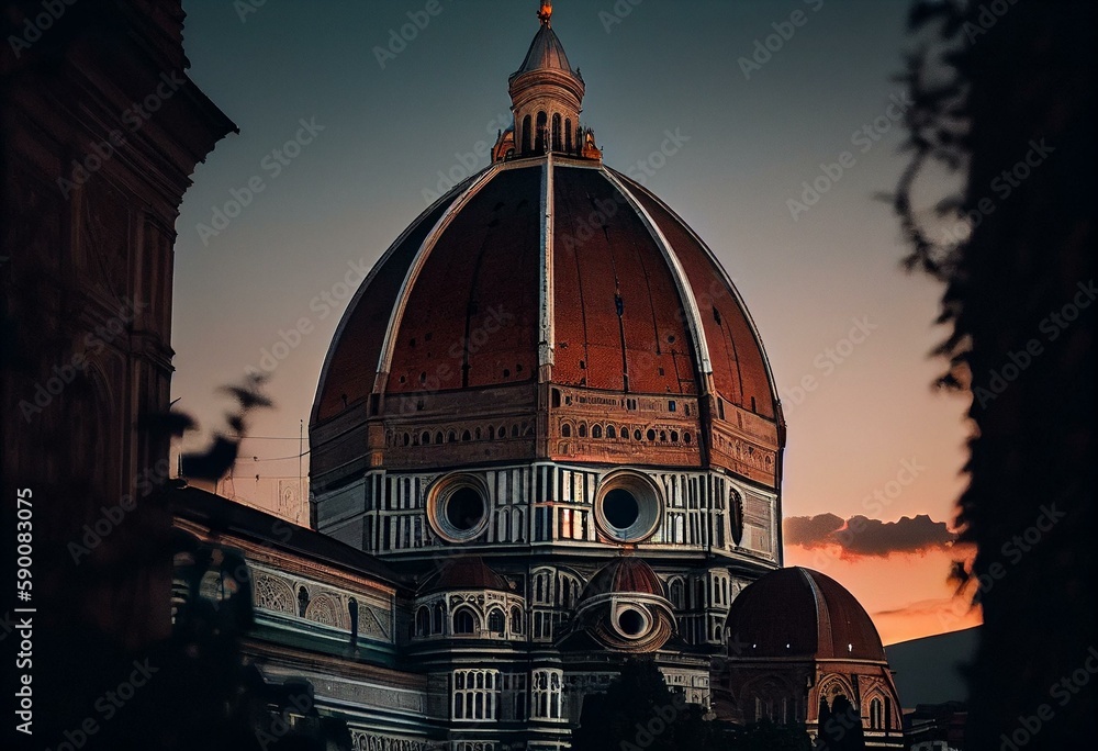 Dusk at the Florence Cathedral in Florence, Italy. Generative AI