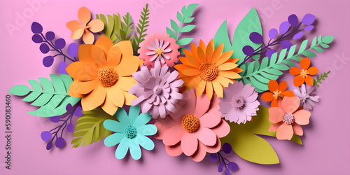 3D banner with flowers illustration, botanical arrangement, festive floral bouquet, paper cut art, bright candy colors. Happy mothers, valentines, womens day holiday concept. Ai generated.