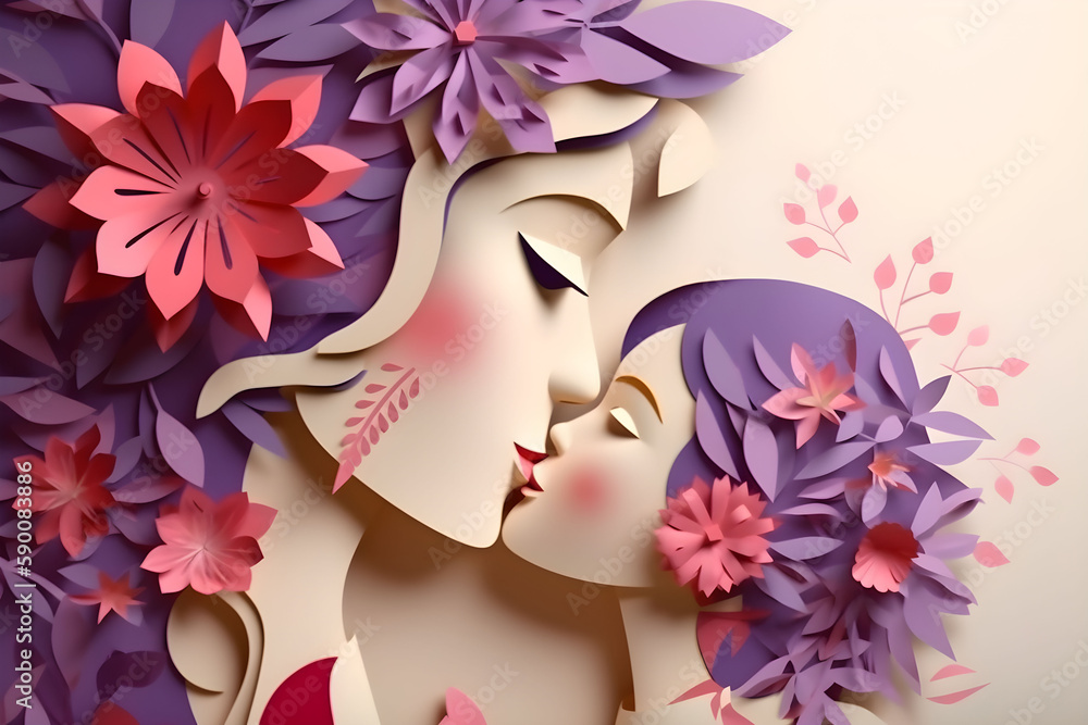 Happy mothers day greeting card of papercut mom and daughter with flowers in red and lilac colors. Holiday family background concept. Generated ai.
