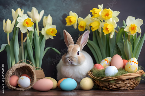 Easter bunny with yellow narcissus, daffodils flowers and painted easter eggs on dark background. Holiday concept with cute rabbit. AI generated.