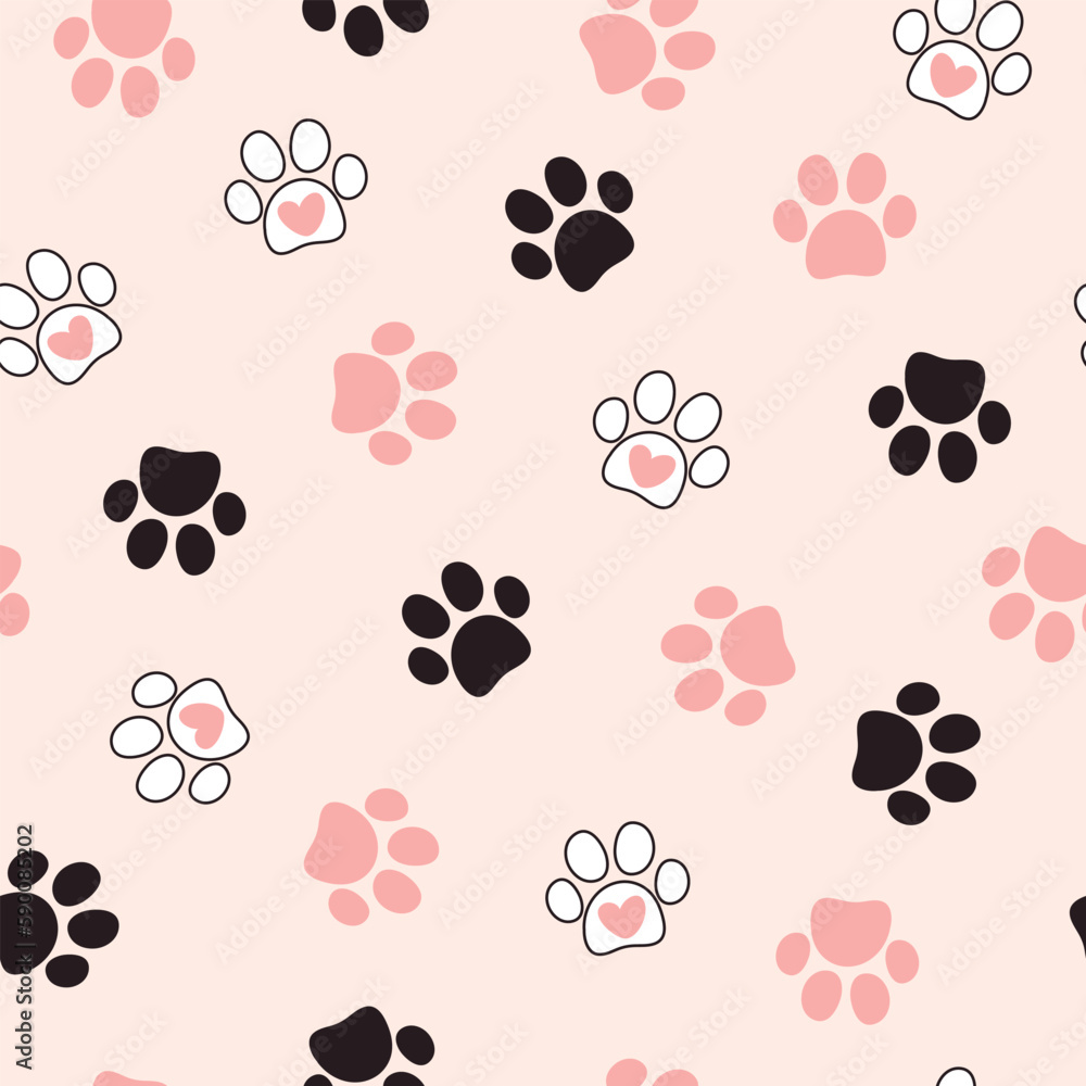 Fototapeta premium Seamless pet paw pattern. Cat or dog footprint background. Vector illustration. It can be used for wallpapers, wrapping, cards, patterns for clothes and other.