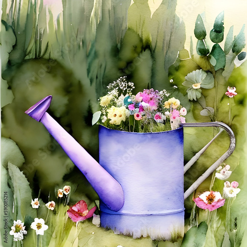 watering can with flowers