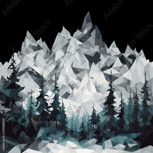 Polygonal white winter mountain near a forest
