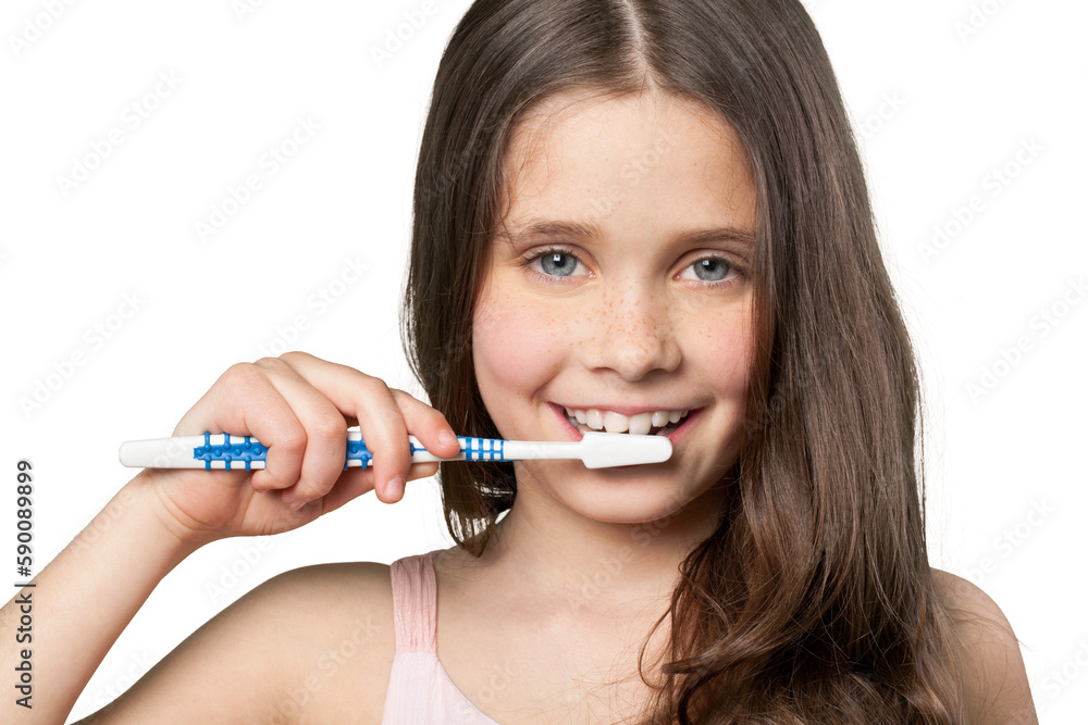 Little girl brushing teeth isolated on white Little girl brushing teeth isolated on white