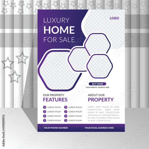 modern creative purple deep and light color gradient Professional real estate flyer design template for home housing or property business agency. Home sale advertisement a4 size half page poster
