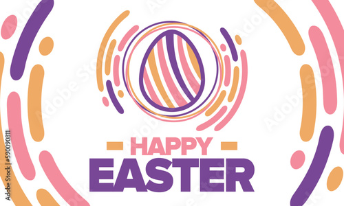 Happy Easter in April. Christian spring holiday in honor of the resurrection of Christ. Biblical history. Traditional dyeing eggs with patterns, fun game for children searching for easter eggs. Vector