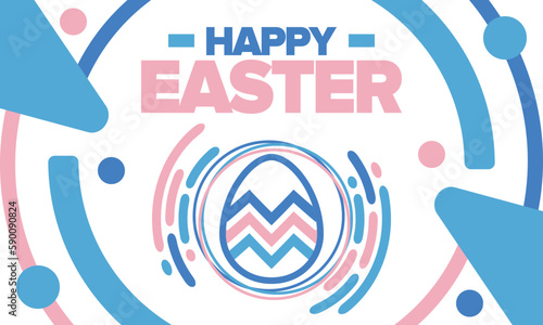 Happy Easter in April. Christian spring holiday in honor of the resurrection of Christ. Biblical history. Traditional dyeing eggs with patterns, fun game for children searching for easter eggs. Vector