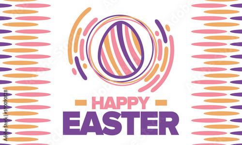 Happy Easter in April. Christian spring holiday in honor of the resurrection of Christ. Biblical history. Traditional dyeing eggs with patterns, fun game for children searching for easter eggs. Vector