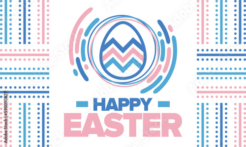 Happy Easter in April. Christian spring holiday in honor of the resurrection of Christ. Biblical history. Traditional dyeing eggs with patterns, fun game for children searching for easter eggs. Vector