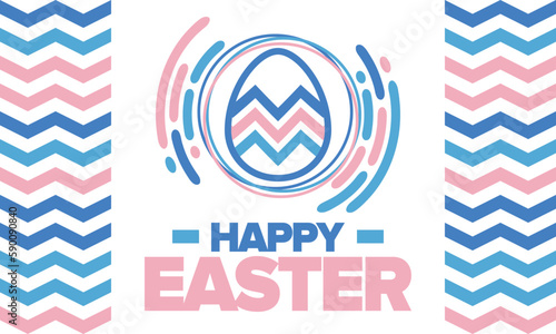 Happy Easter in April. Christian spring holiday in honor of the resurrection of Christ. Biblical history. Traditional dyeing eggs with patterns, fun game for children searching for easter eggs. Vector