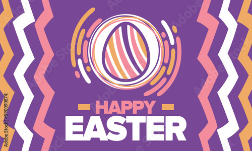 Happy Easter in April. Christian spring holiday in honor of the resurrection of Christ. Biblical history. Traditional dyeing eggs with patterns, fun game for children searching for easter eggs. Vector
