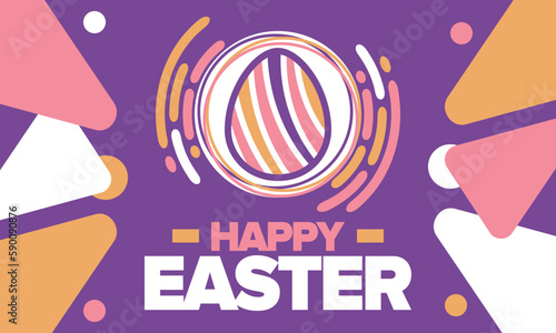 Happy Easter in April. Christian spring holiday in honor of the resurrection of Christ. Biblical history. Traditional dyeing eggs with patterns, fun game for children searching for easter eggs. Vector