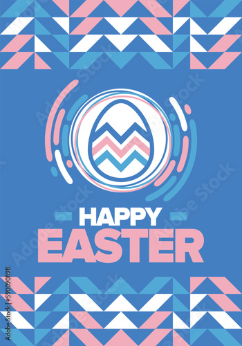 Happy Easter in April. Christian spring holiday in honor of the resurrection of Christ. Biblical history. Traditional dyeing eggs with patterns, fun game for children searching for easter eggs. Vector