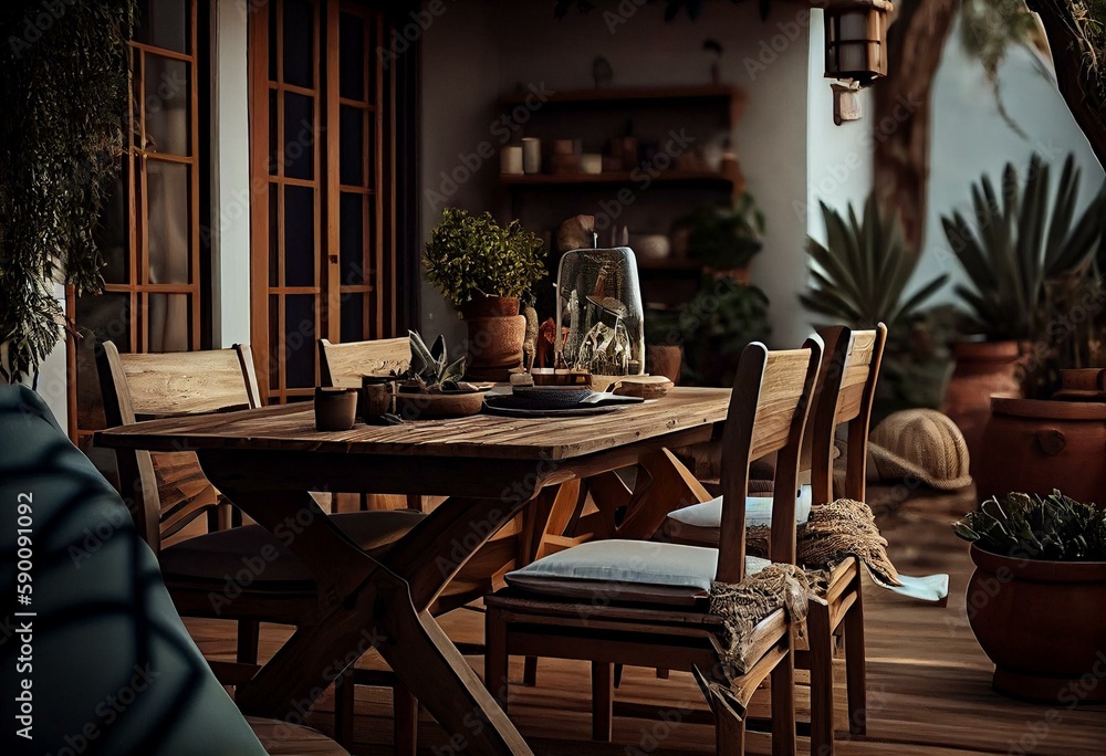 Gorgeous terrace adorned with wooden furniture; including a stunning wood table and chairs. Generative AI