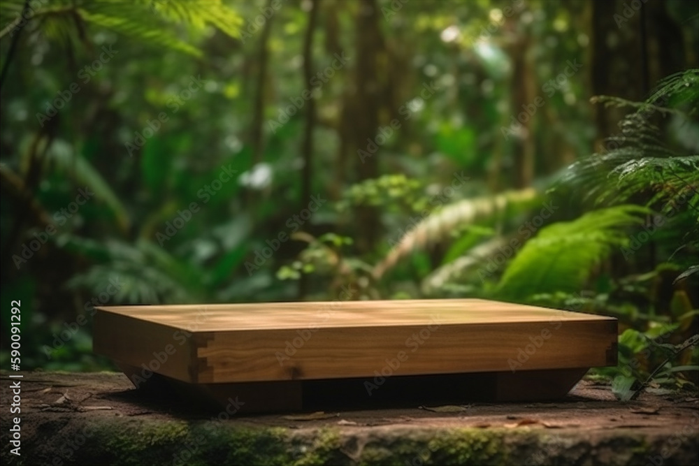 Wooden podium with tropical forest on background. AI generated Wooden podium with tropical forest on background. AI generated