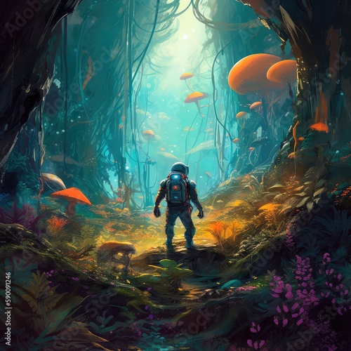 Astronaut carefully goes to an unknown planet, where the primeval forest is filled with bright and colorful flora. He thoroughly explores every corner, not missing a single detail. Generative AI © keks20034