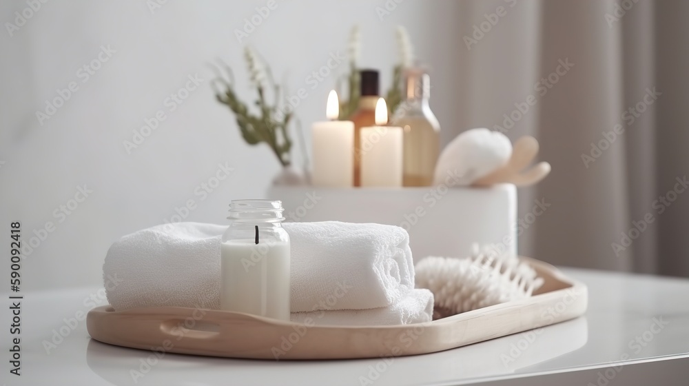 Toiletries, soap, candle,  towel on blurred white bathroom spa background. AI generated