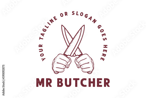 Vintage Retro Hand Hold Crossed Meat Knife for Butcher Logo Design