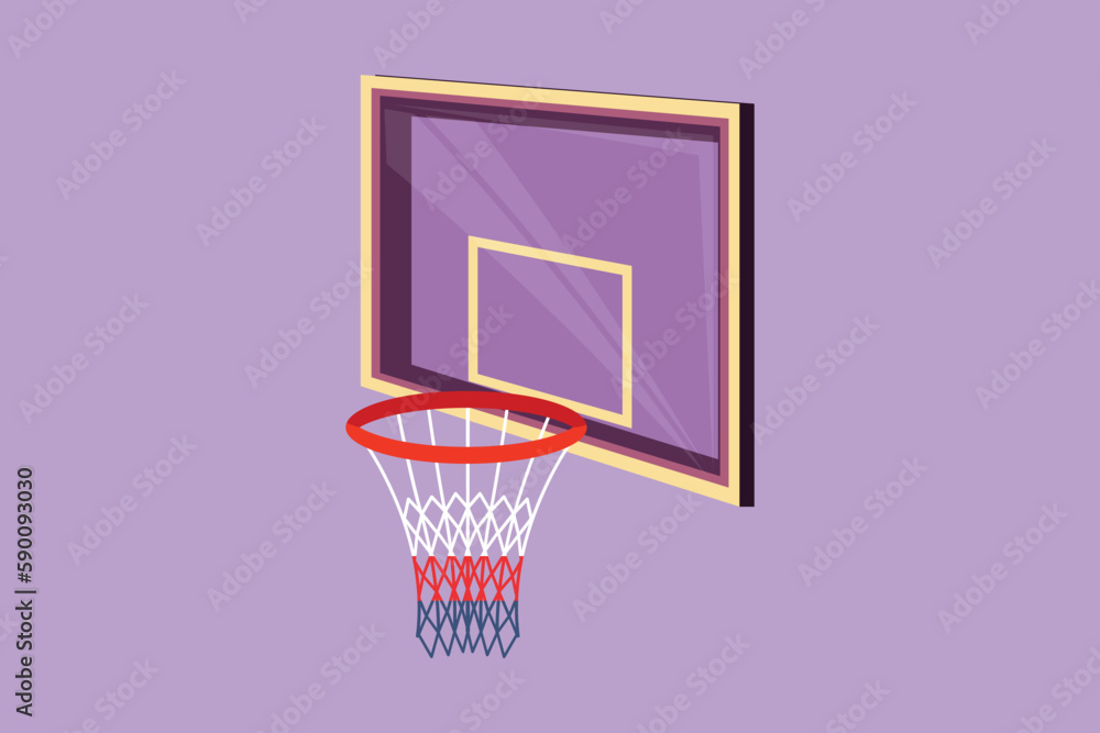 Cartoon flat style drawing stylized basketball hoop or basketball basket logo, label, icon, symbol. Net with round circle, equipment of sport gym. Sportive basket. Graphic design vector illustration